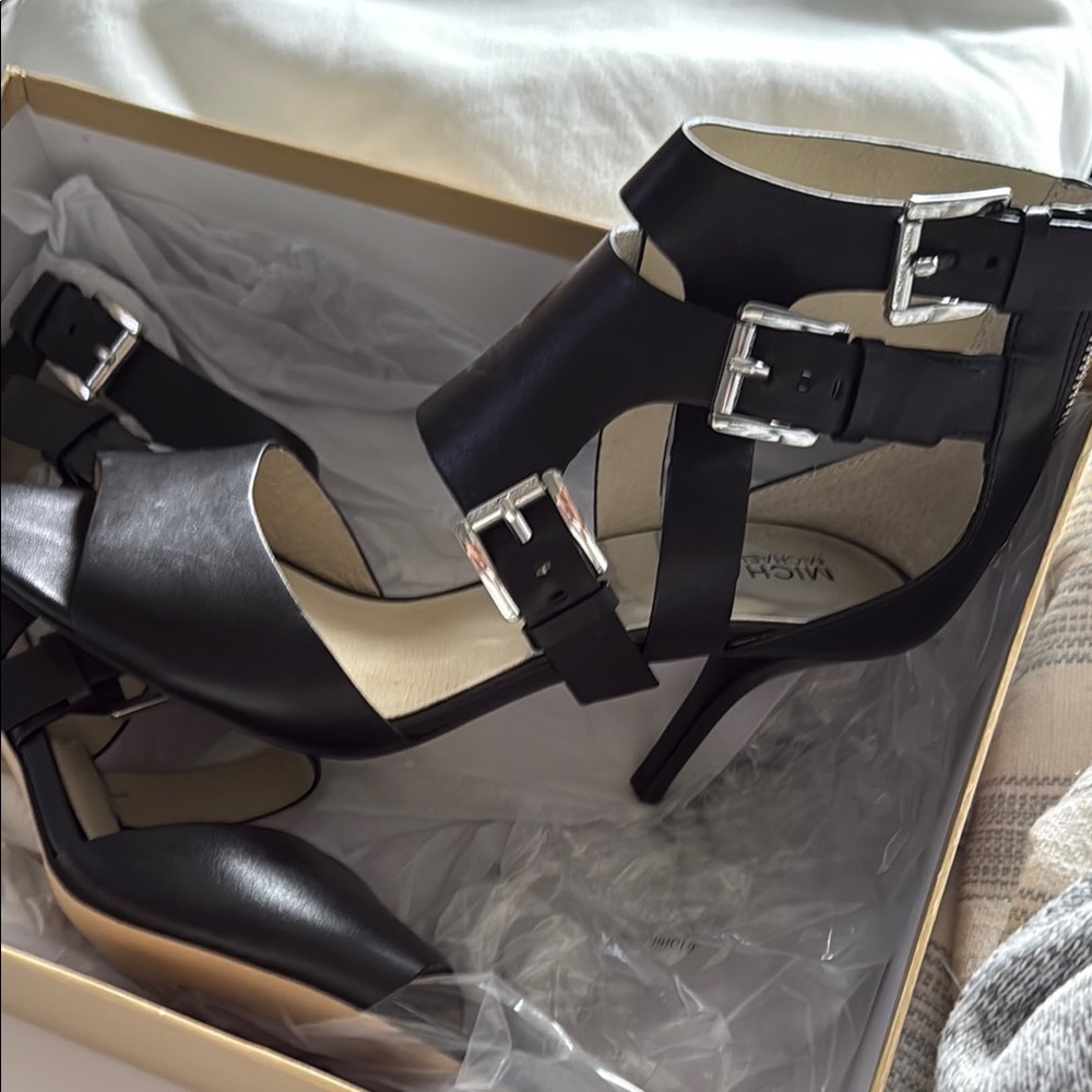 Michael Kors Lucinda Open Toe Black Buckle Heels